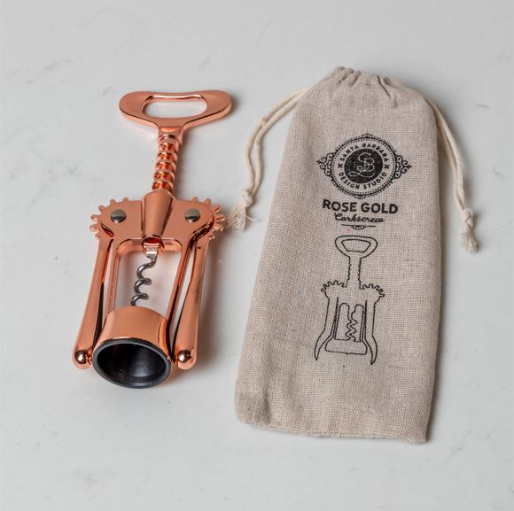 Rose gold corkscrew with linen gift bag